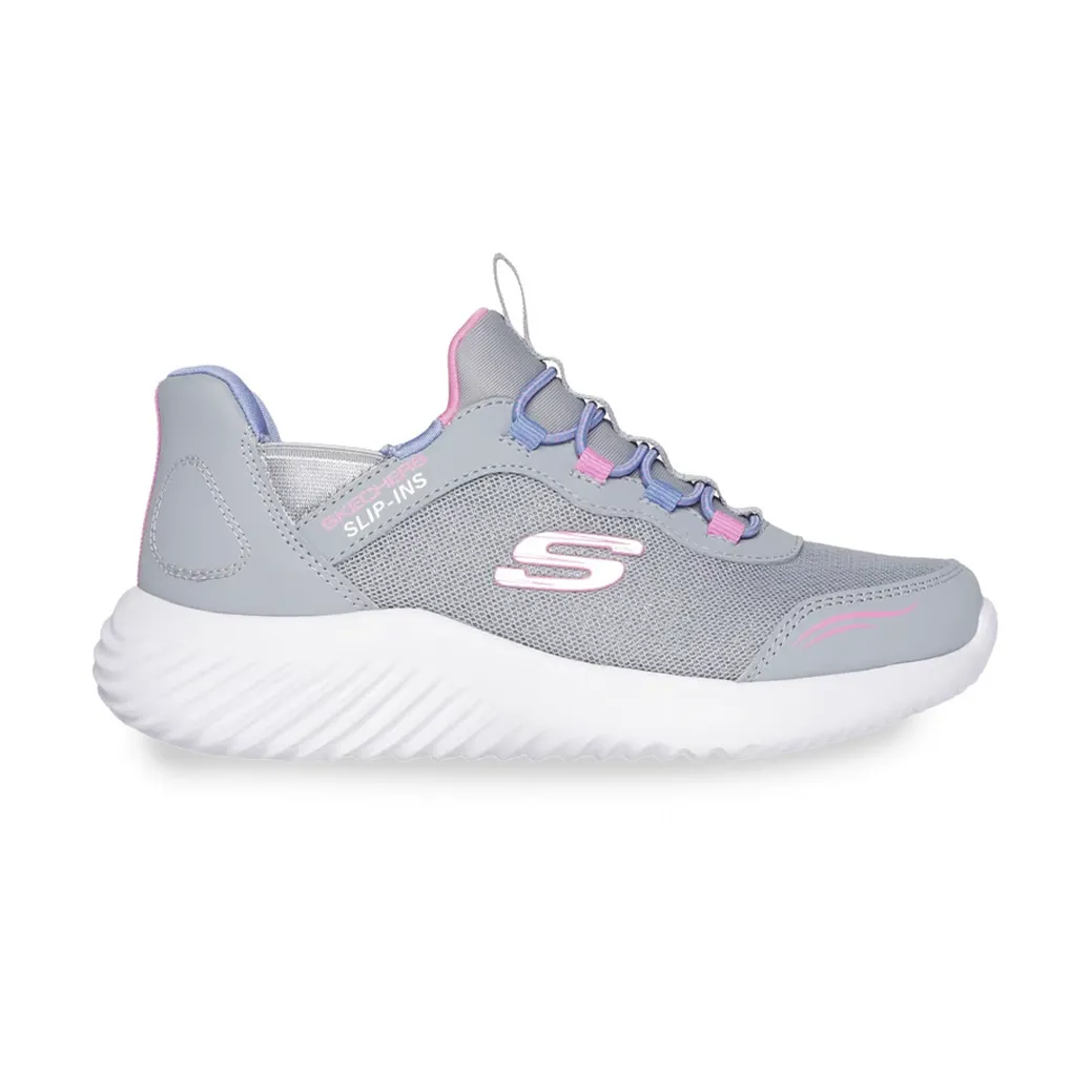 Tênis infantil feminino Skechers Bounder-Simple cinza com detalhes em rosa e azul, fechamento por cadarço e solado branco antiderrapante